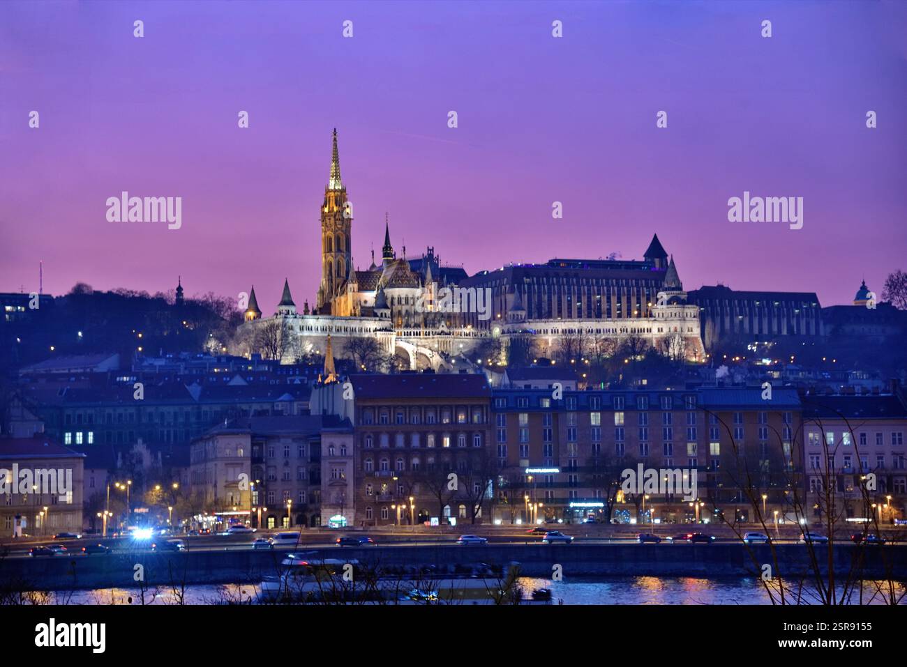 Budapest city, Hungarian capital - Fisherman's Bastion and The Church of Our Lady of Buda by night. Stock Photo