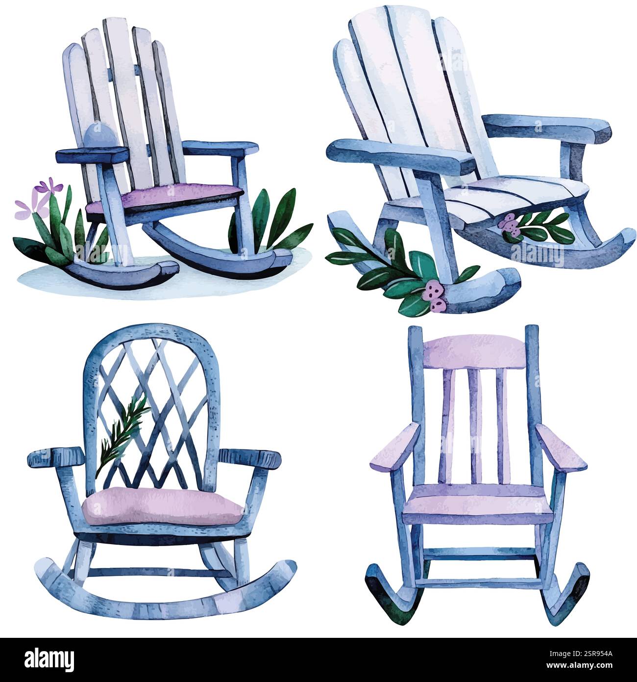 A handdrawn watercolor illustration of Wooden Rocking Chair Watercolor ...