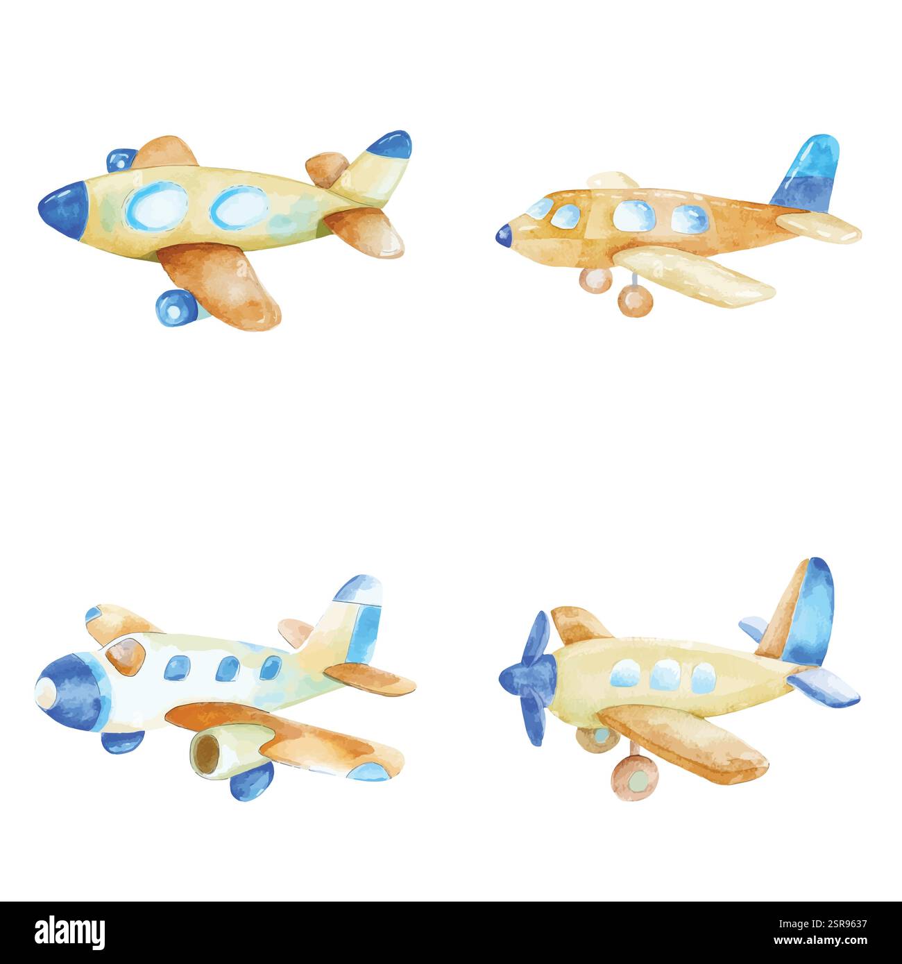 A handdrawn watercolor illustration of Cartoon Plane Hand-Drawn Illustration Concept that was image traced and vectorized. The illustration is perfect Stock Vector