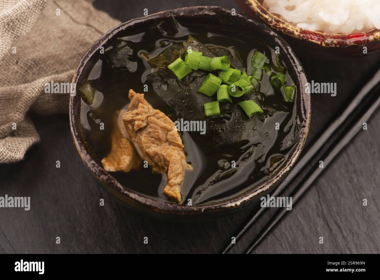 Close-up of Korean Seaweed Soup Miyeok Guk in a serving bowl Stock Photo