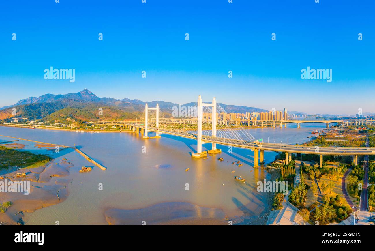 Cityscape on both sides of the Minjiang River in Fuzhou, Fujian ...