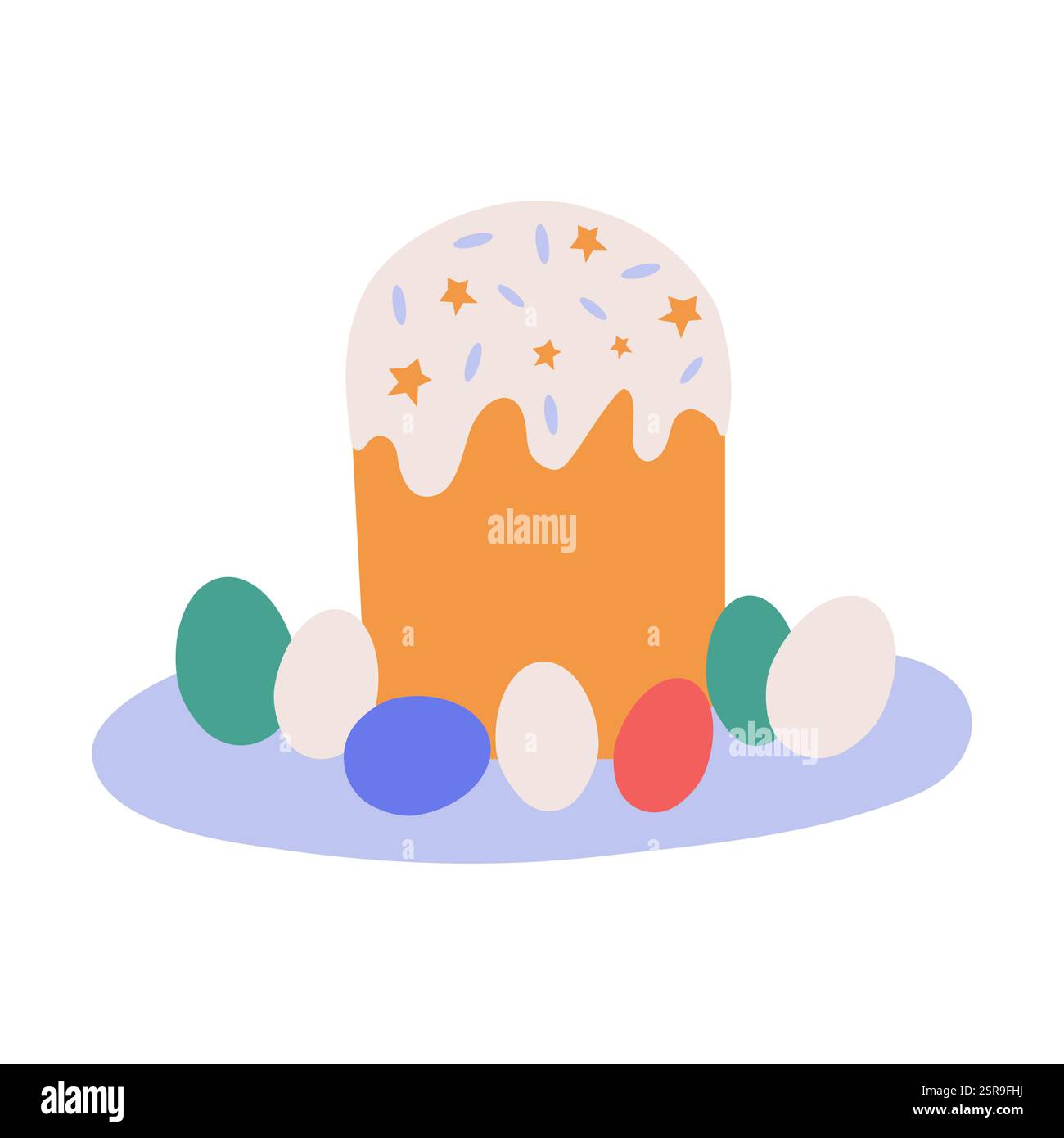 Easter holiday cake on a plate with colored eggs. Vector illustration, a design element for celebrating Easter. Stock Vector