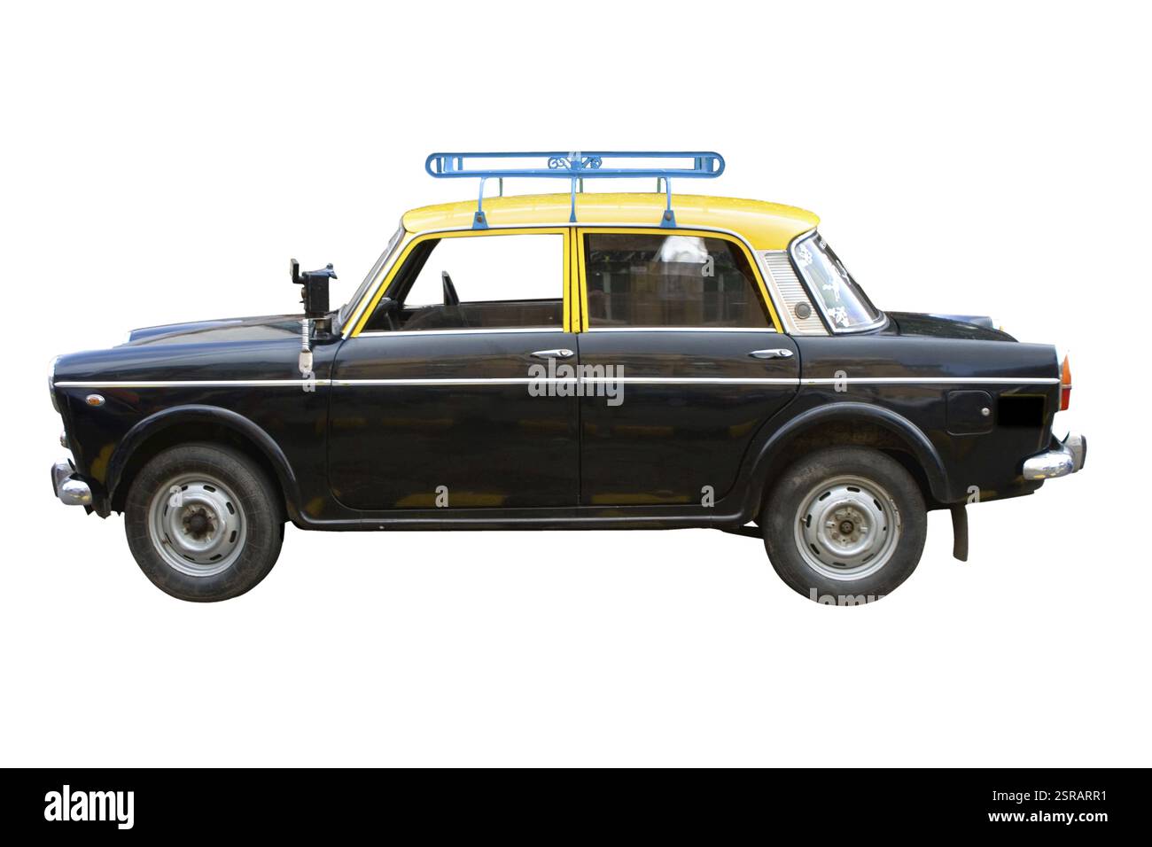Old black and yellow taxi on white background Stock Photo