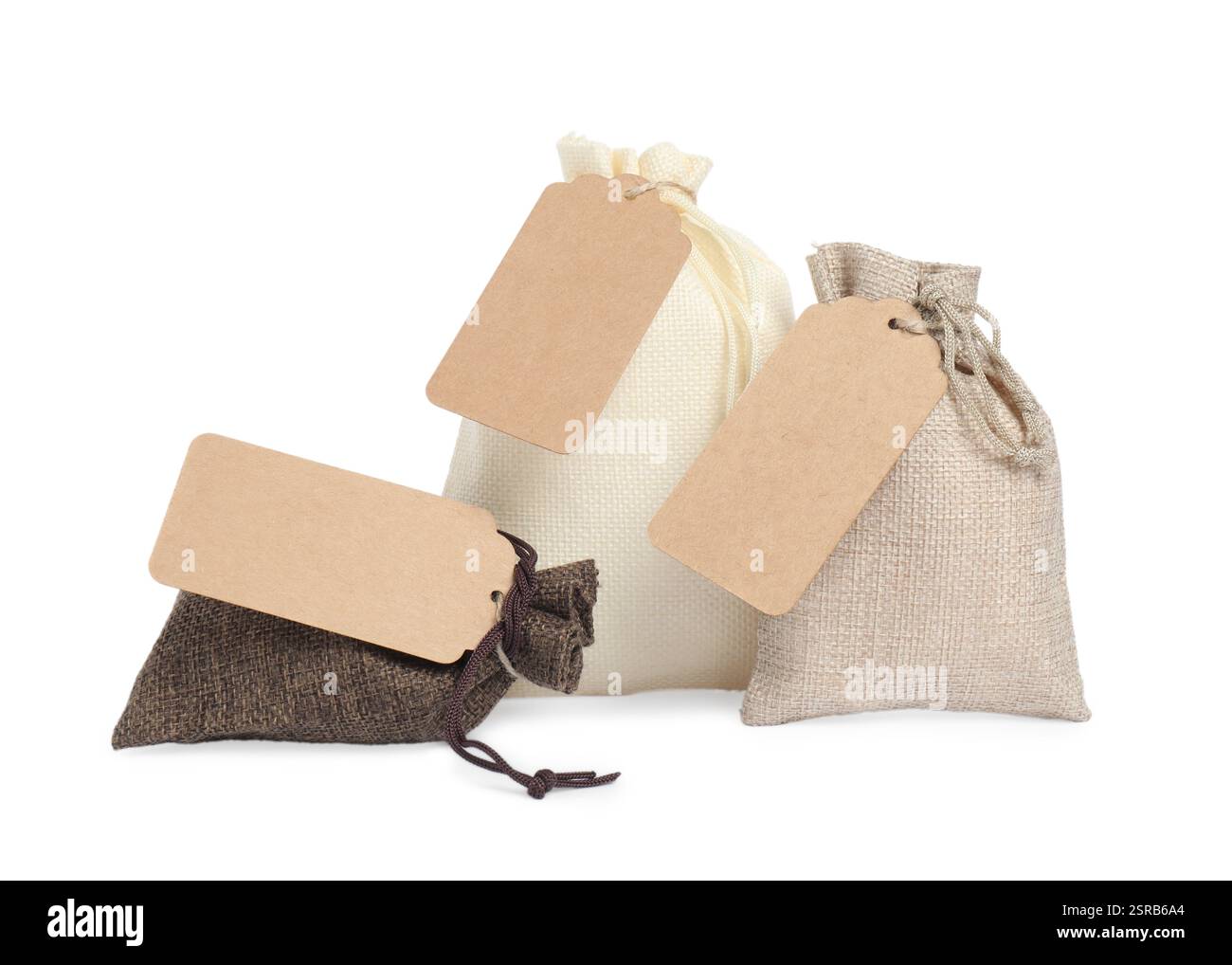 Burlap bags with tags isolated on white Stock Photo