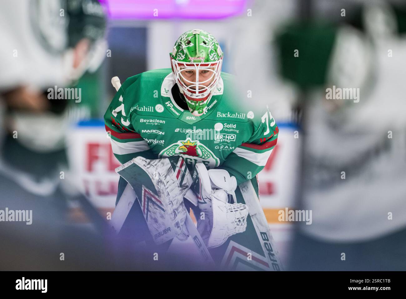 250215 Rögles målvakt Arvid Holm under ishockeymatchen i SHL mellan ...