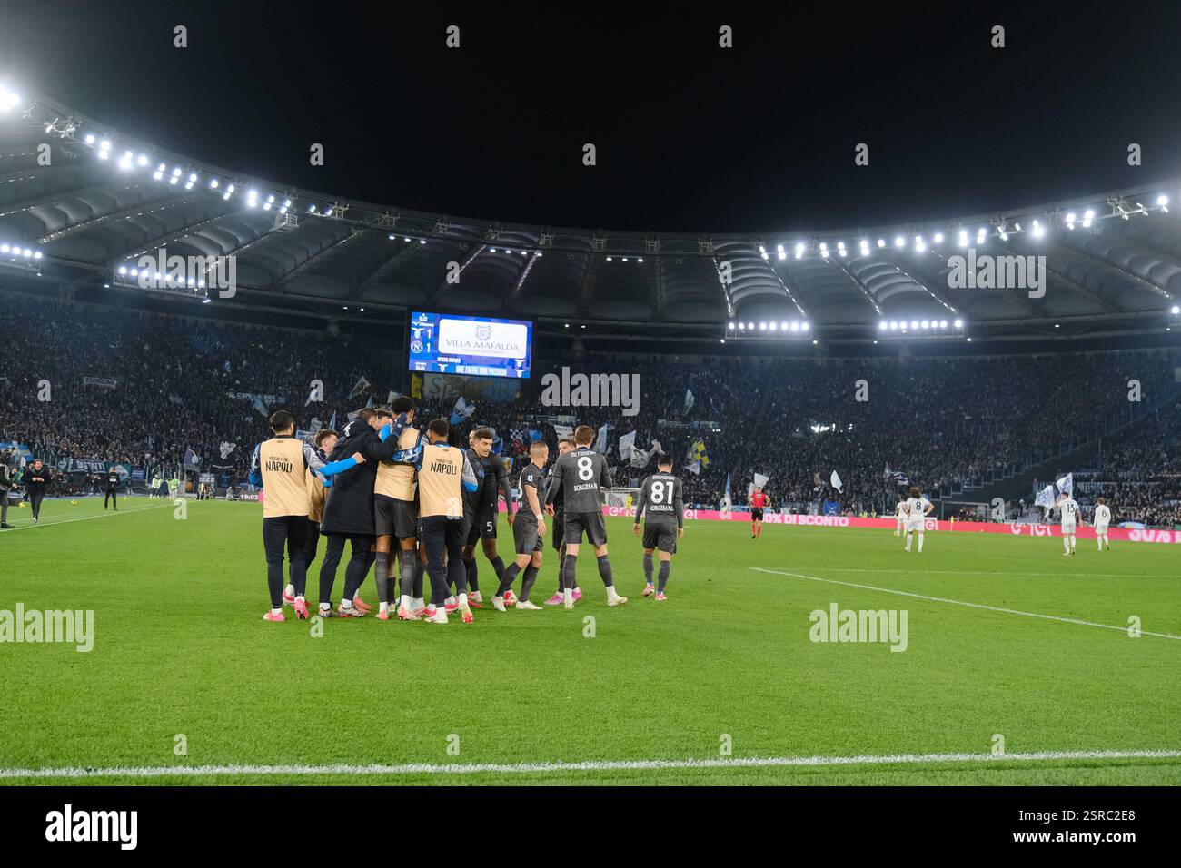 Rome, Italy. 15th Feb, 2025. SSC Napoli celebrate autogoal of Lazioâ??s