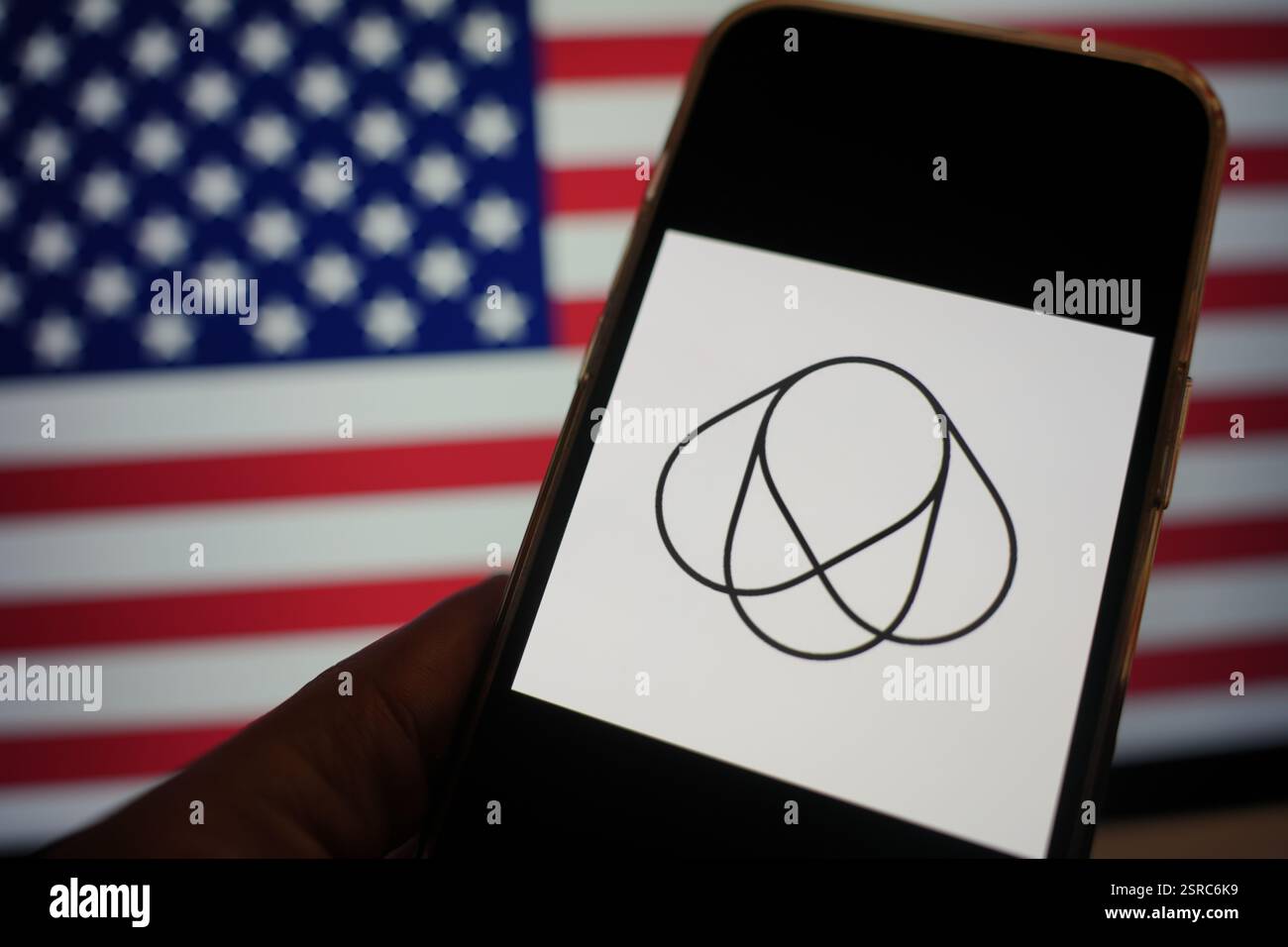 Roosendaal, The Netherlands - February 15, 2025: A mobile phone displaying the logo of Bumblebee Spaces, with the flag of the United States of America Stock Photo