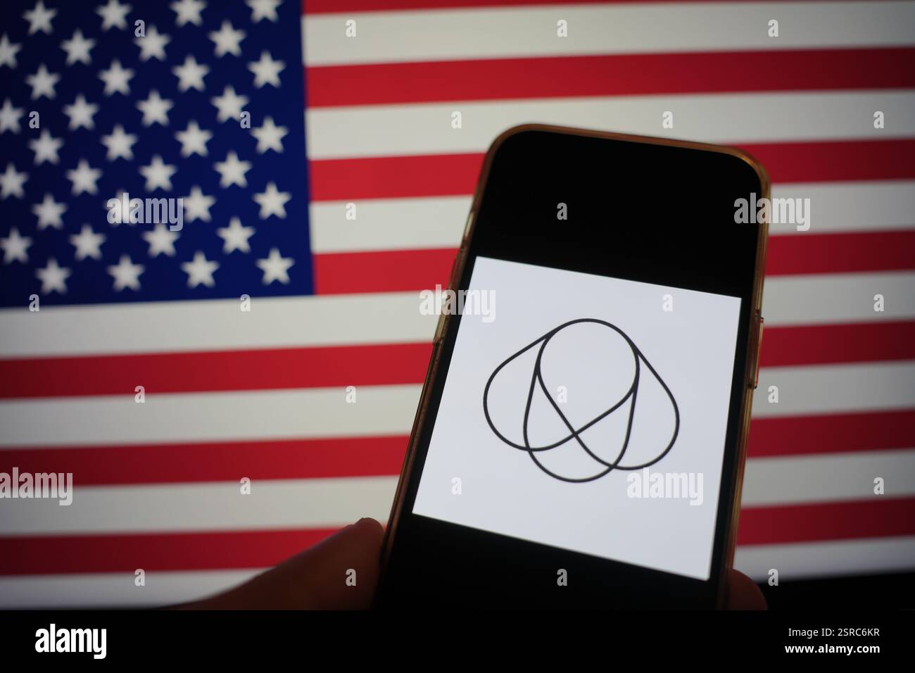 Roosendaal, The Netherlands - February 15, 2025: A mobile phone displaying the logo of Bumblebee Spaces, with the flag of the United States of America Stock Photo
