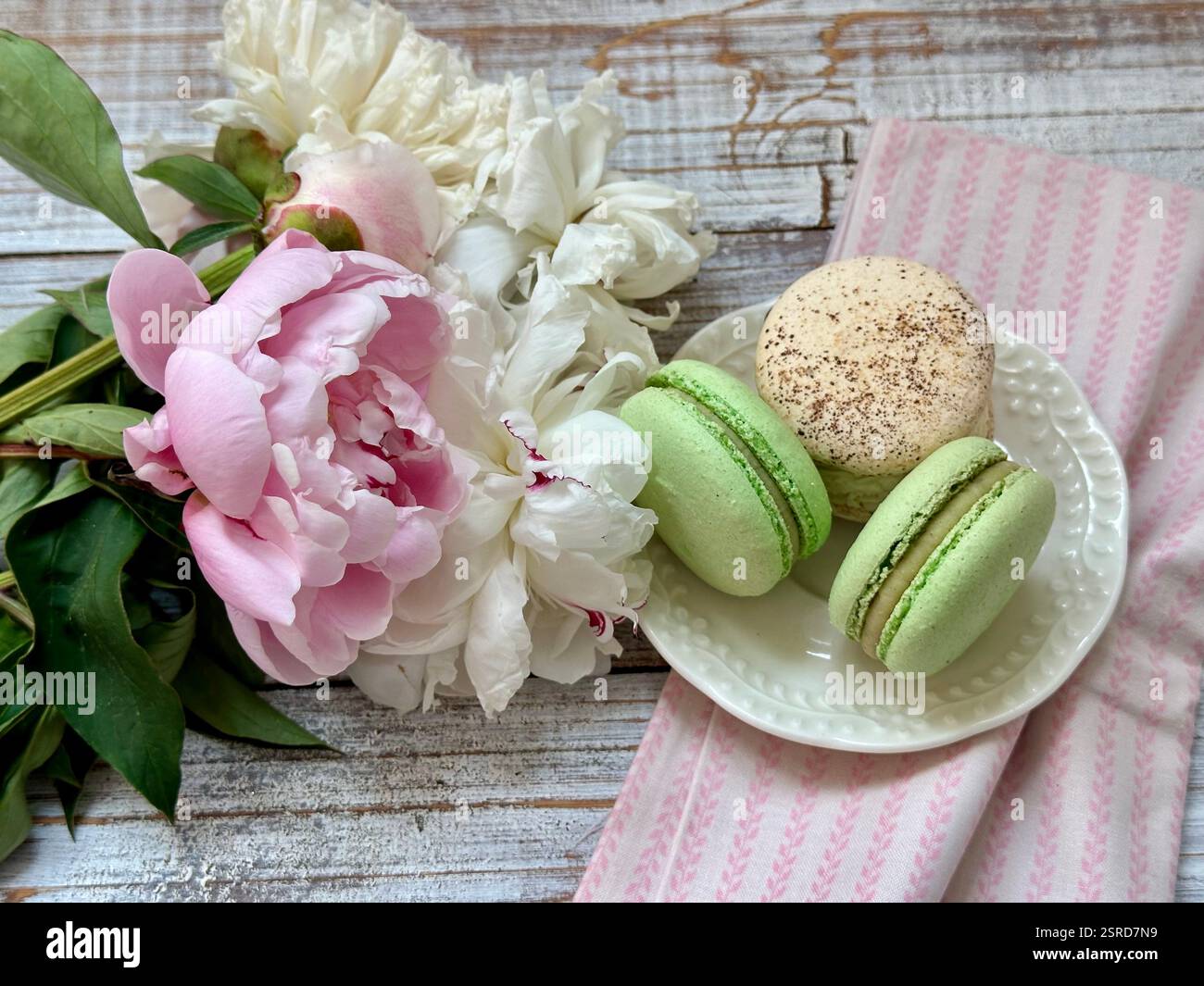 Macarons in different colors and tastes on the white plate on the pink tea towel and pink and white fresh peonies on the wooden background - Smartphone Captured Stock Image
