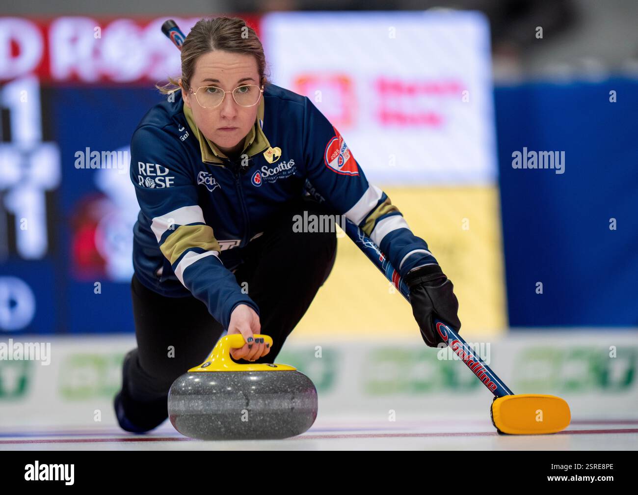 Thunder Bay, Canada. 15th Feb, 2025. Nova Scotia skip Christina Black delivers a rock in