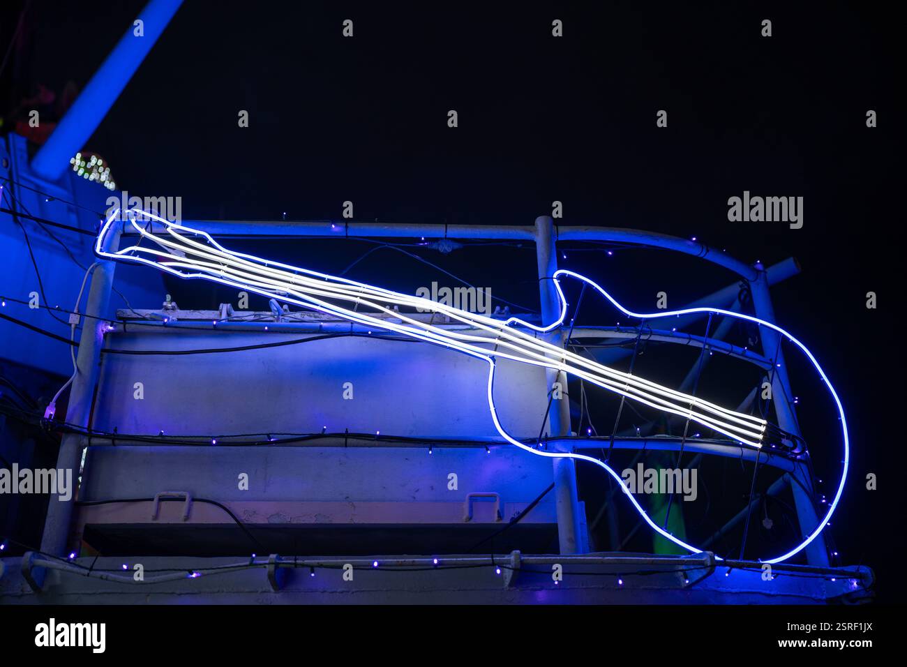 A Neon Light Guitar on Display for the Holidays in Norfolk Virginia Stock Photo