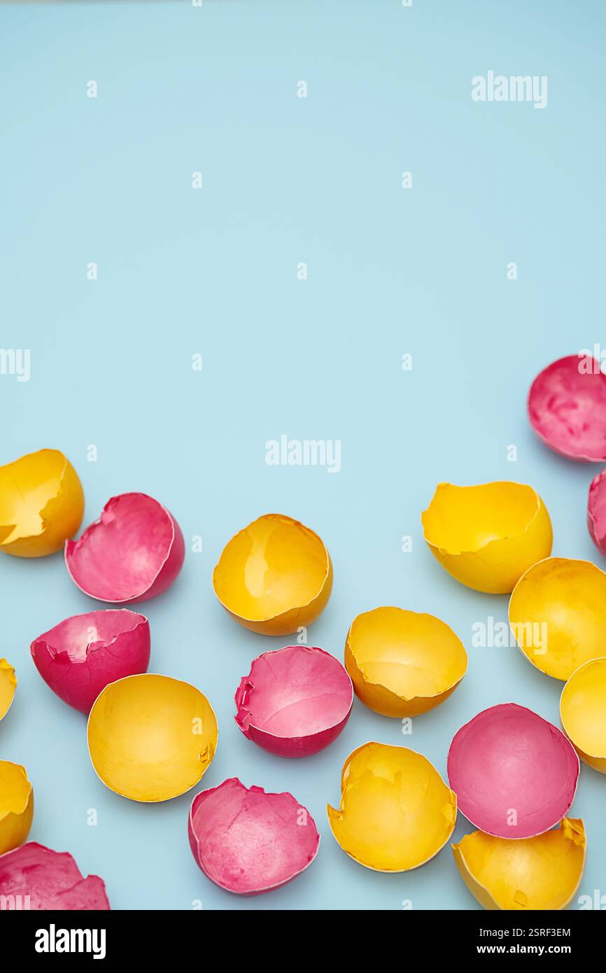 Cracked Yellow and Pink Easter Eggshells on Blue. Flat Lay with Copy Space. Stock Photo