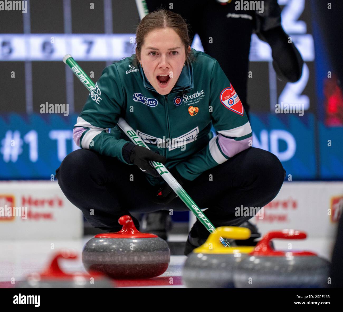 PEI skip Jane DiCarlo calls a shot in Scotties Tournament of Hearts curling action against