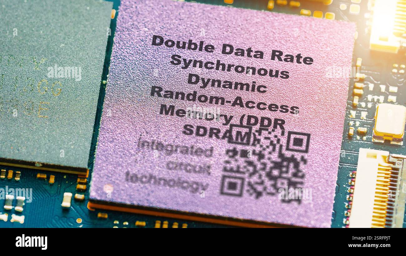 Double Data Rate Synchronous Dynamic Random-Access Memory (DDR SDRAM) SDRAM with double data rate for higher bandwidth. integrated circuits ICs Stock Photo