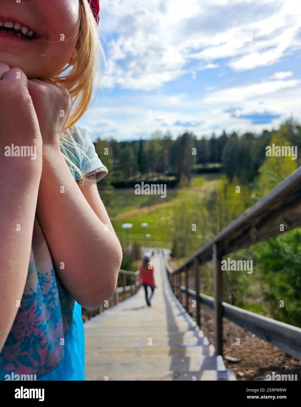 Fitness stairs with summer landscape and people, child, human silhouette - Smartphone Captured Stock Image