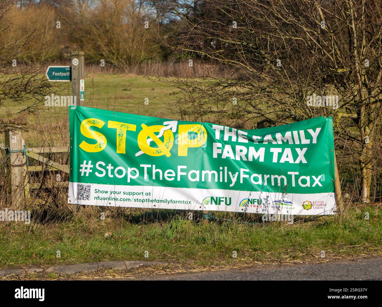 Stop the Family Farm Tax protest banner by roadside, Suffolk, England ...
