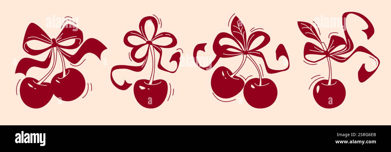 Cherry fruit set with decorative ribbon bows in dark red silhouette ...