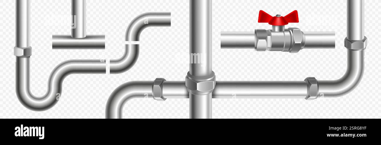 3d plumbing pipe system with metal tubes, connections and red valve. Silver industrial pipeline fragments with curved sections, joints, nut. Realistic Stock Vector