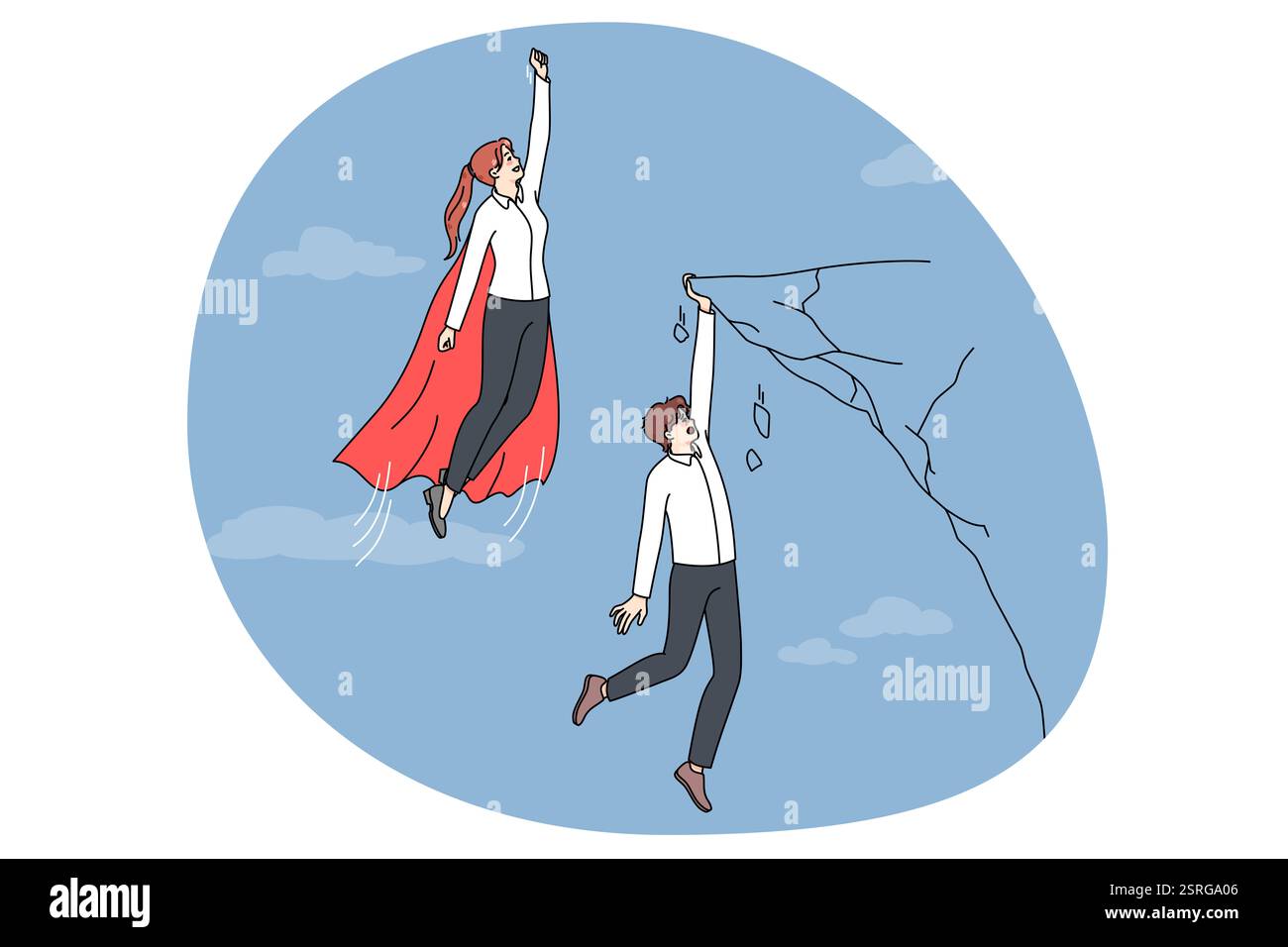 Geschäftsfrau als Superheldin hinterlässt männlichen Kollegen Businesswoman as superhero fly up leaving behind male colleague. Woman employee as hero Stock Photo