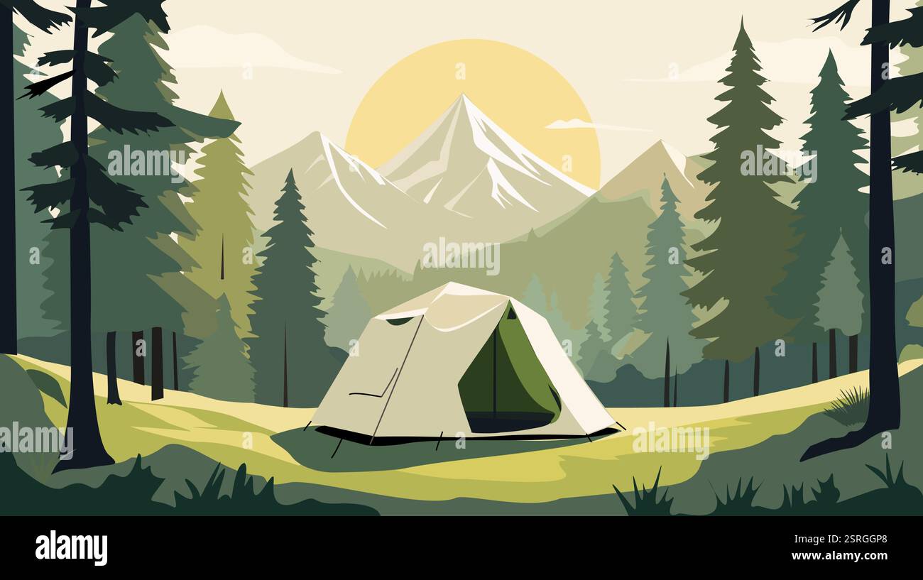 Camping with a mountain in the background Stock Vector