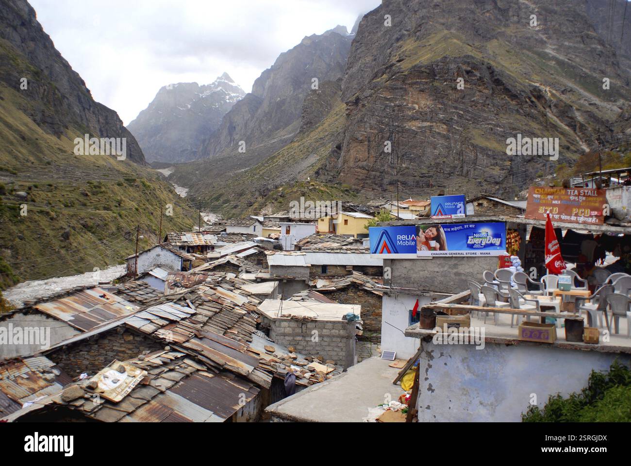 View of Mana village on Indo-Tibetan border inhabitant by Indo-Mongolian tribe, Uttaranchal Uttarakhand, India, Asia Stock Photo
