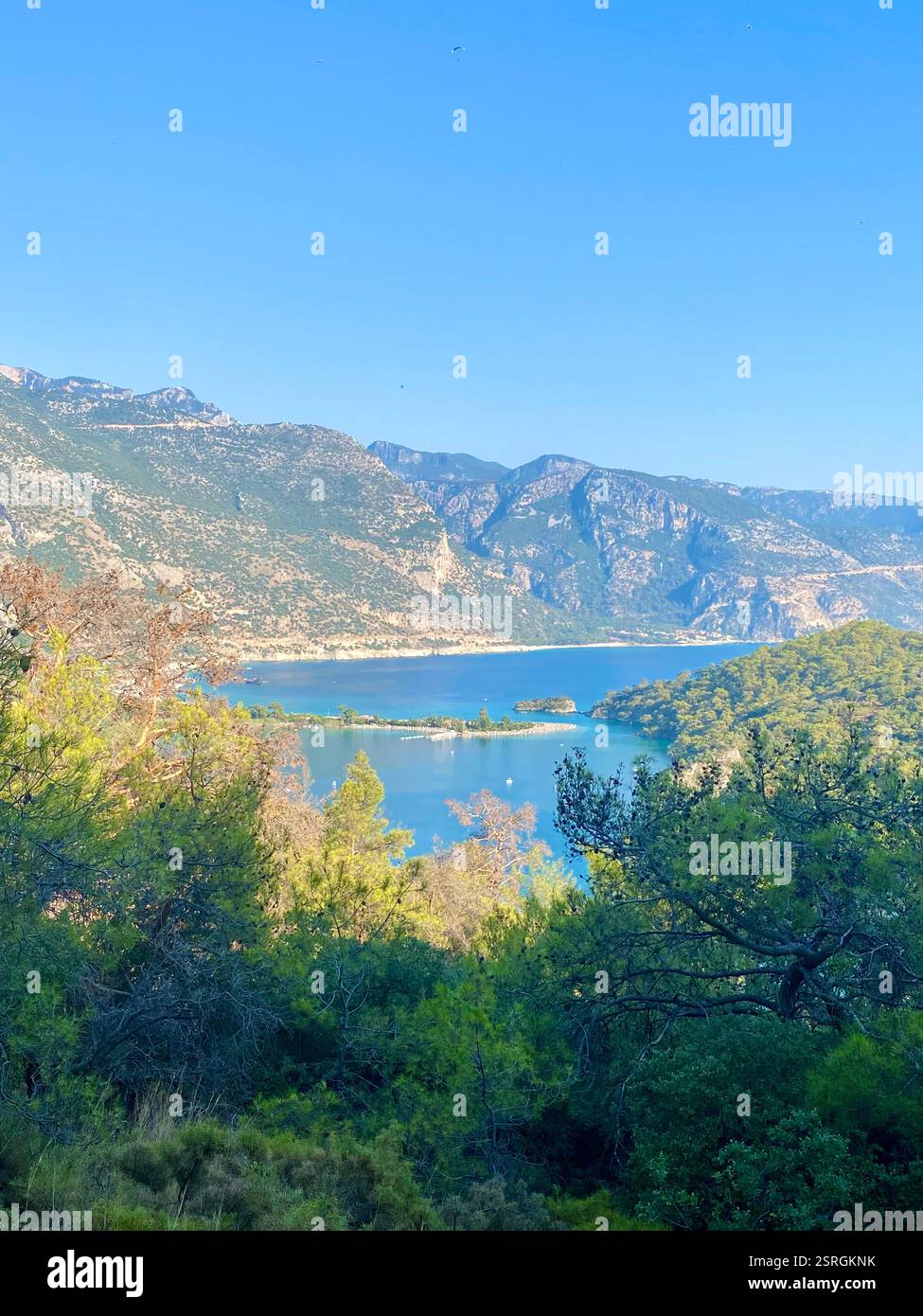 Beautiful view of mountains, trees and the Blue Lagoon in Ölüdeniz, Türkiye - Smartphone Captured Stock Image