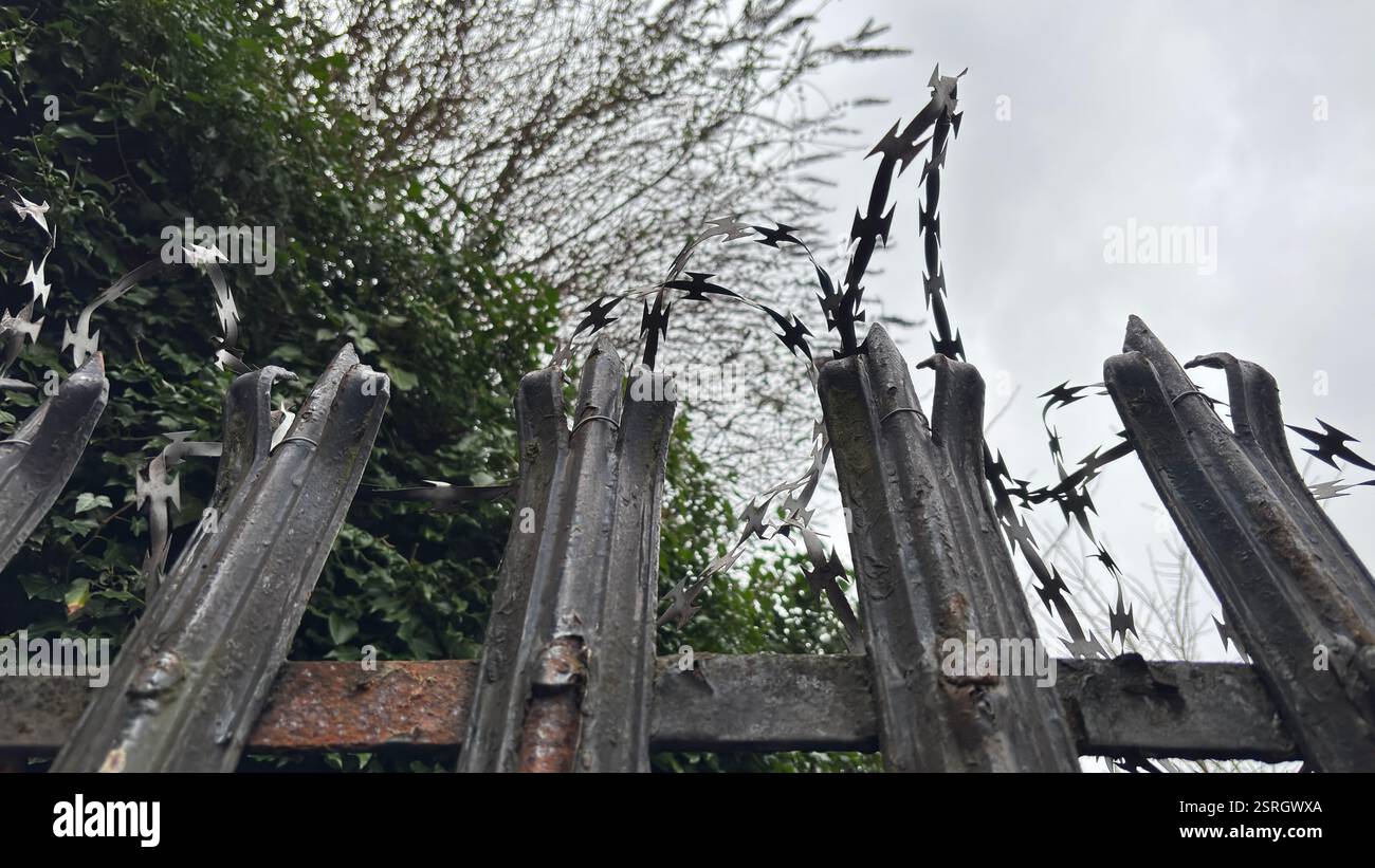 Brutal razor wire topped fence. Urban security fencing. - Smartphone Captured Stock Image