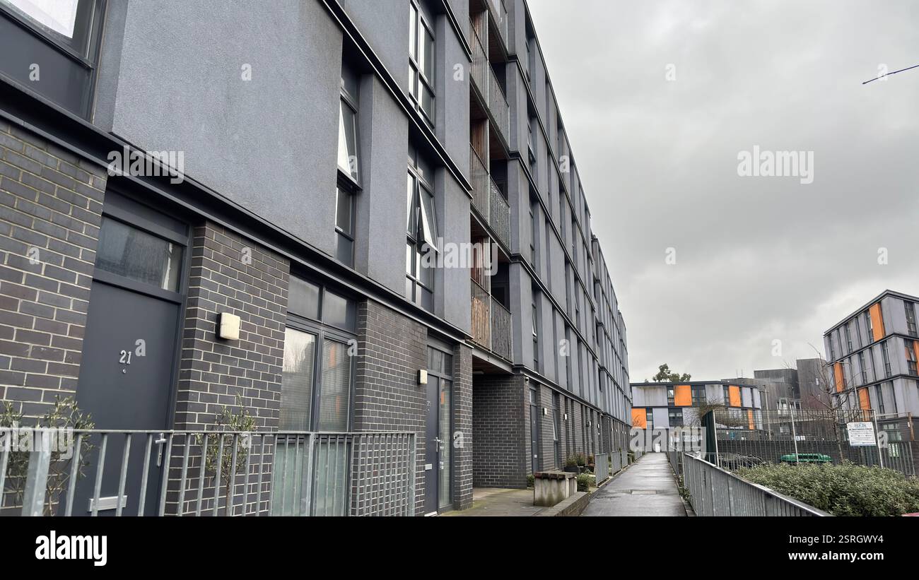 Modern brutal architecture flat living in the middle of the city of Edinburgh. Grungy urban architecture. Modern brutal concrete structure - Smartphone Captured Stock Image