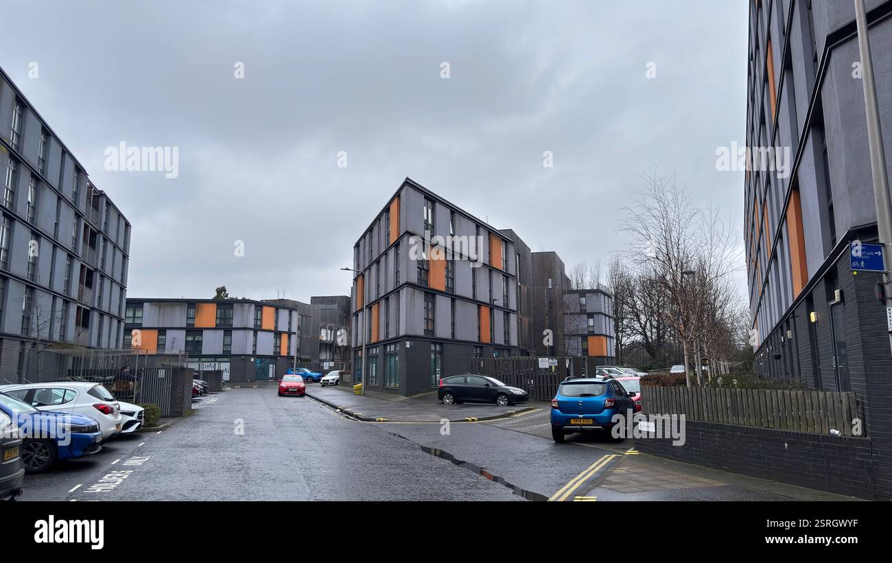 Modern brutal architecture flat living in the middle of the city of Edinburgh. Grungy urban architecture. Modern brutal concrete structure - Smartphone Captured Stock Image