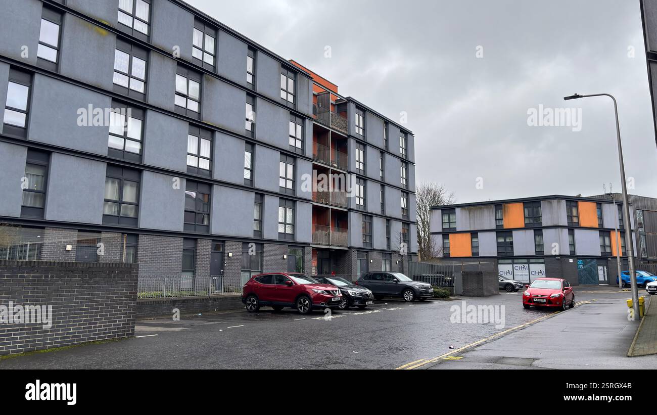 Modern brutal architecture flat living in the middle of the city of Edinburgh. Grungy urban architecture. Modern brutal concrete structure - Smartphone Captured Stock Image