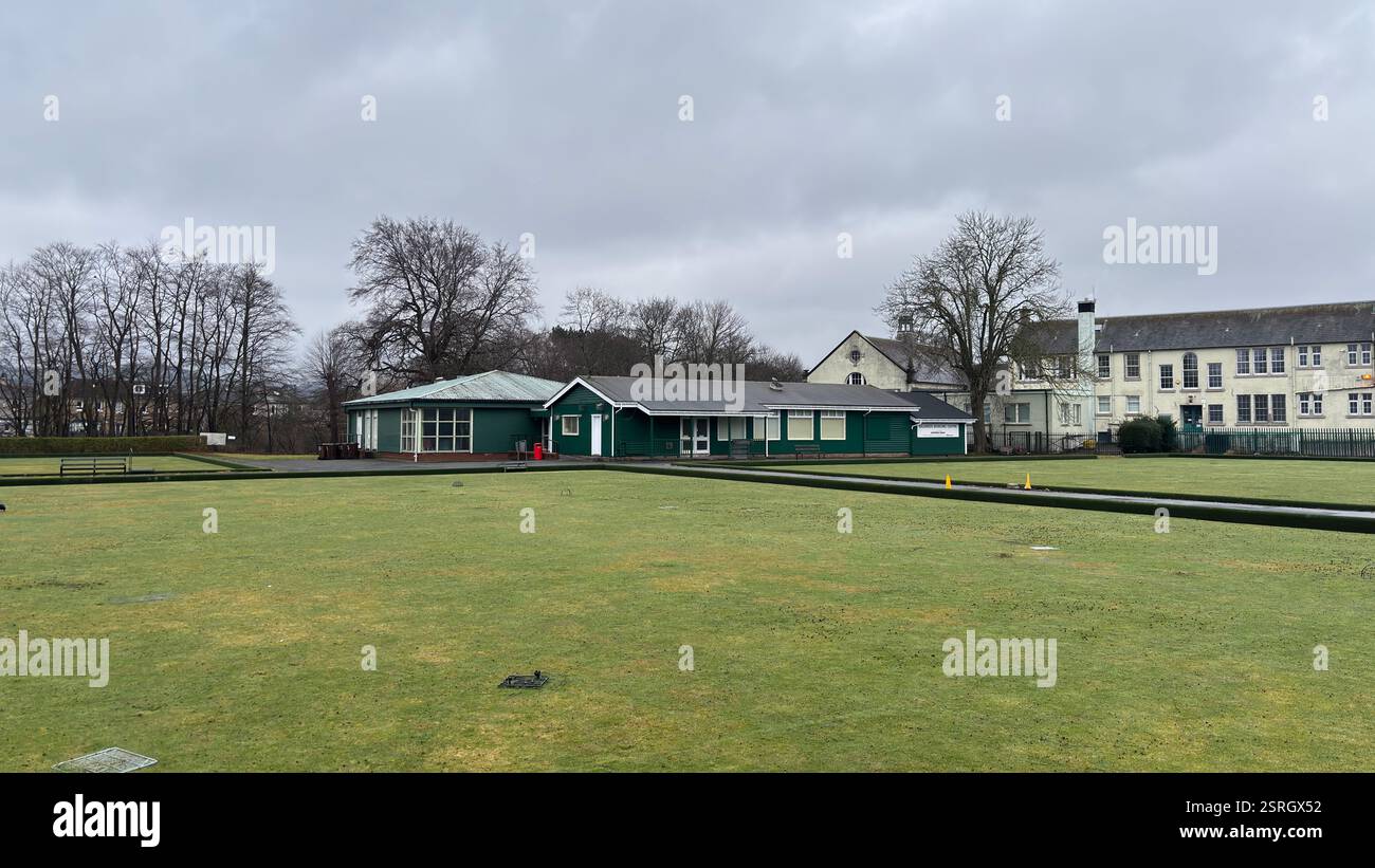 Balgreen Bowling Green and club house in Edinburgh. Lawn Bowls. Overcast day in Spring - Smartphone Captured Stock Image