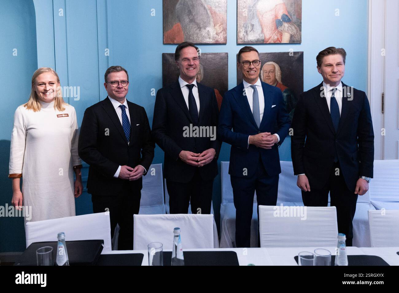 NATO Secretary General Mark Rutte meets with Elina Valtonen, Minister of Foreign Affairs of Finland; Petteri Orpo, Prime Minister of Finland; Alexande Stock Photo