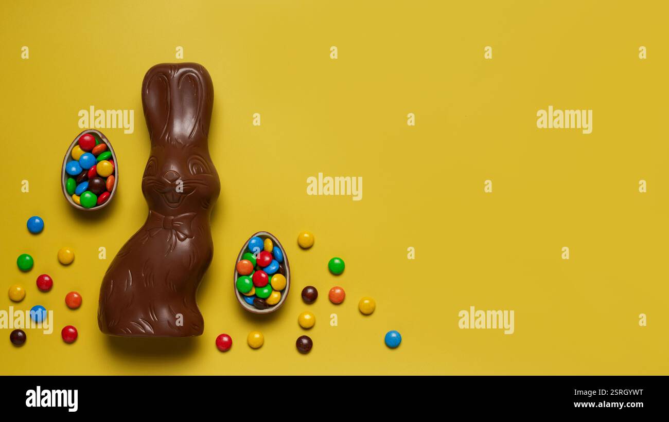 Delicious Easter holiday chocolate bunny and eggs Stock Photo