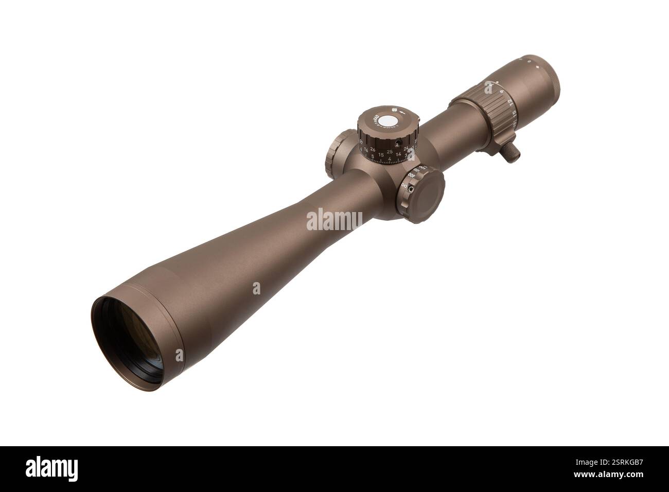 A high-end rifle scope with a matte brown finish, adjustable turrets ...