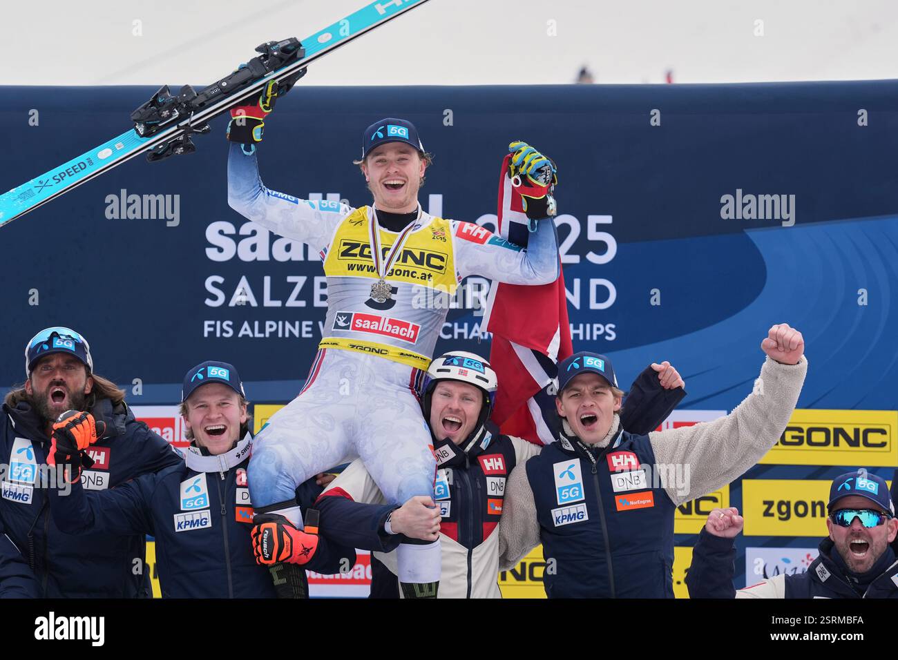 Norway's Atle Lie McGrath celebrates his bronze medal in a men's slalom ...