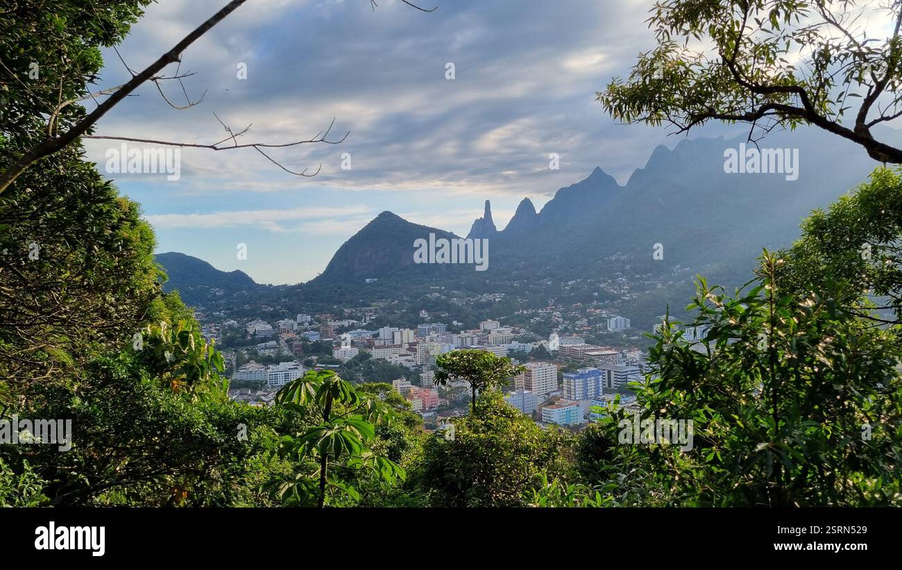 This spectacular mountain landscape features towering, jagged peaks piercing the sky, enveloped in lush green forest. - Smartphone Captured Stock Image