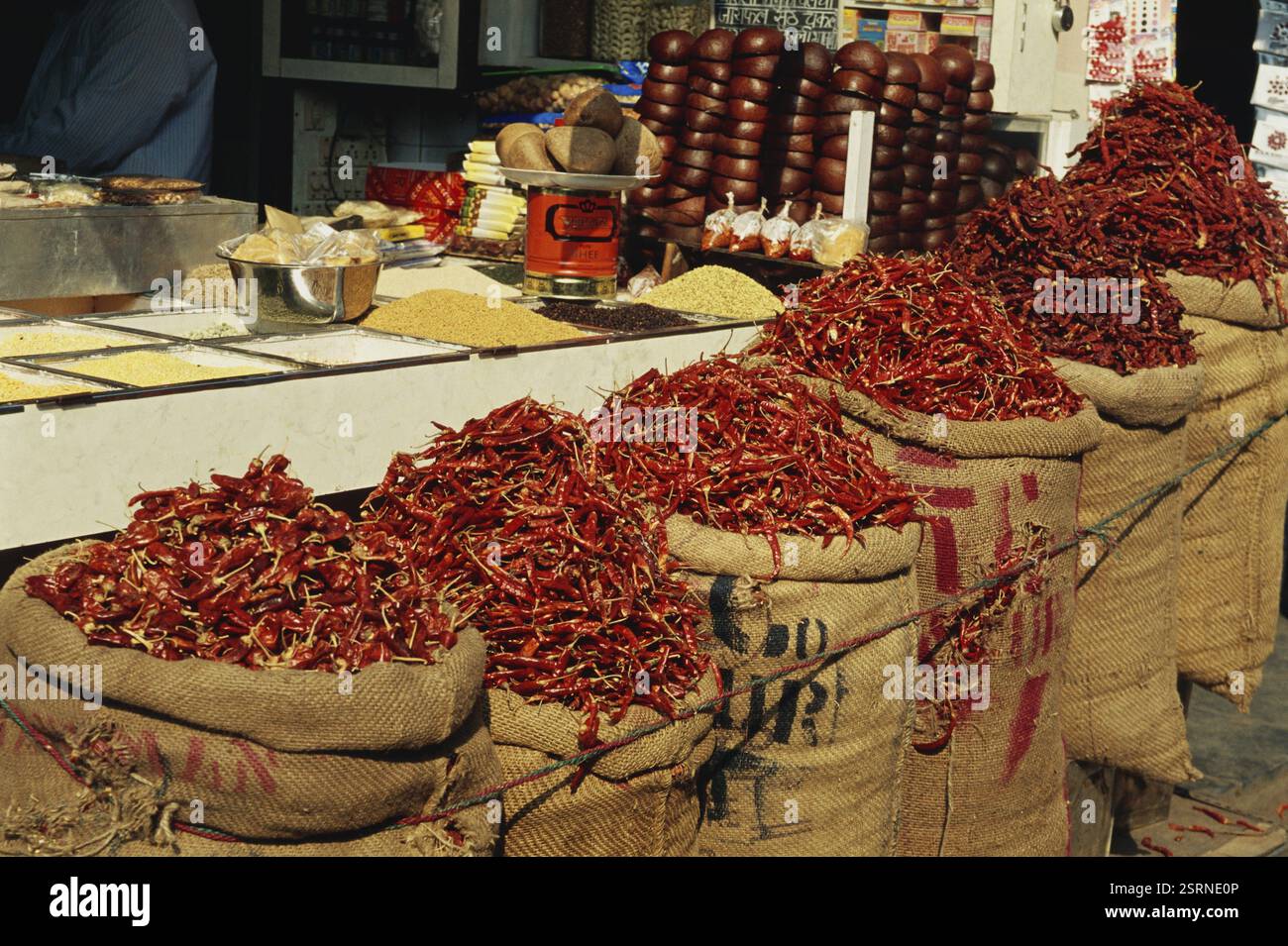 Spices, dry red chillies in wholesale market, Lalbaug, Bombay Mumbai ...