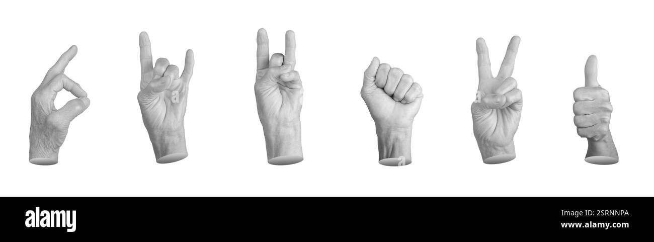 Set of elderly female hands making various gestures, including thumbs ...