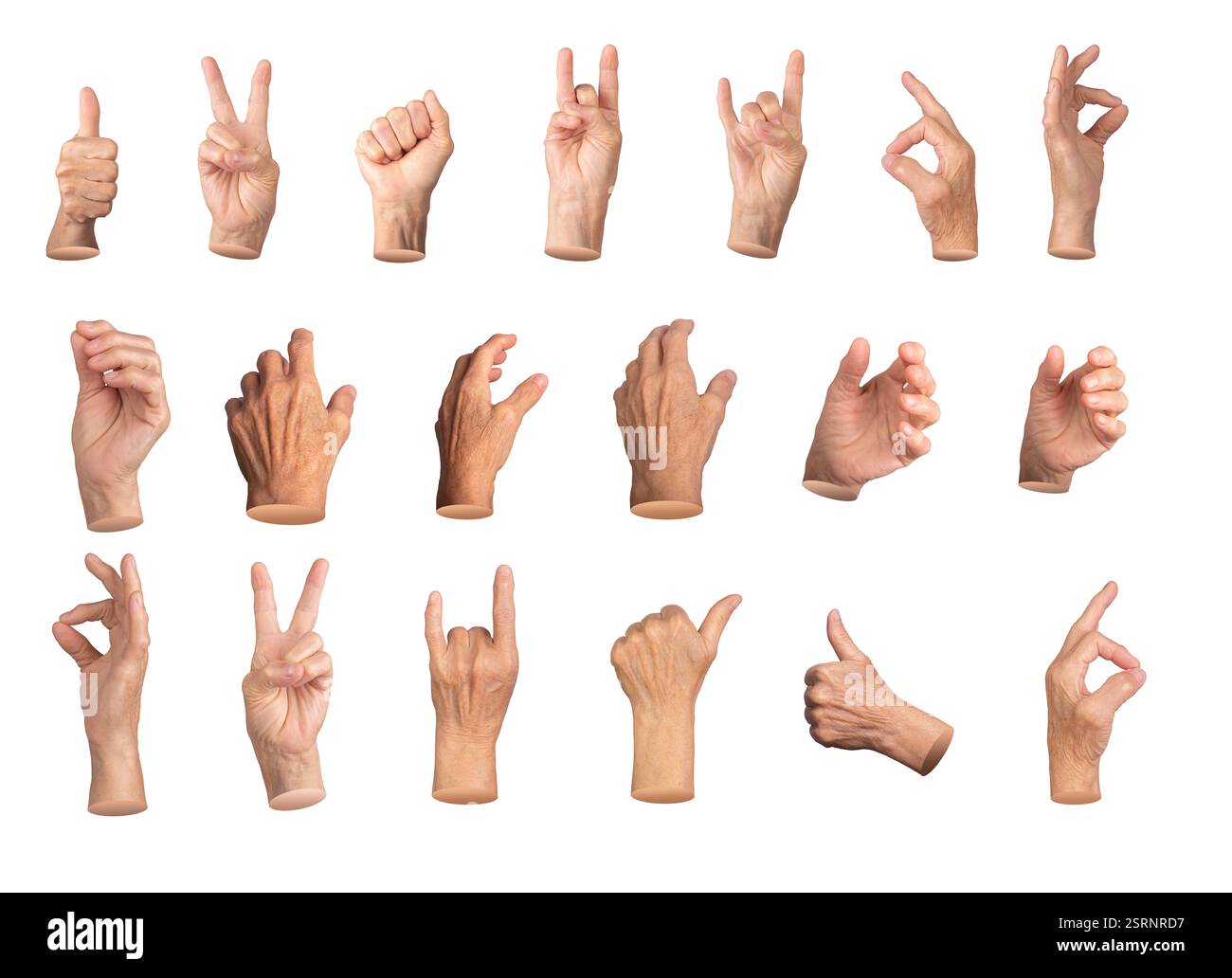 Set of elderly female hands making various gestures, including thumbs ...