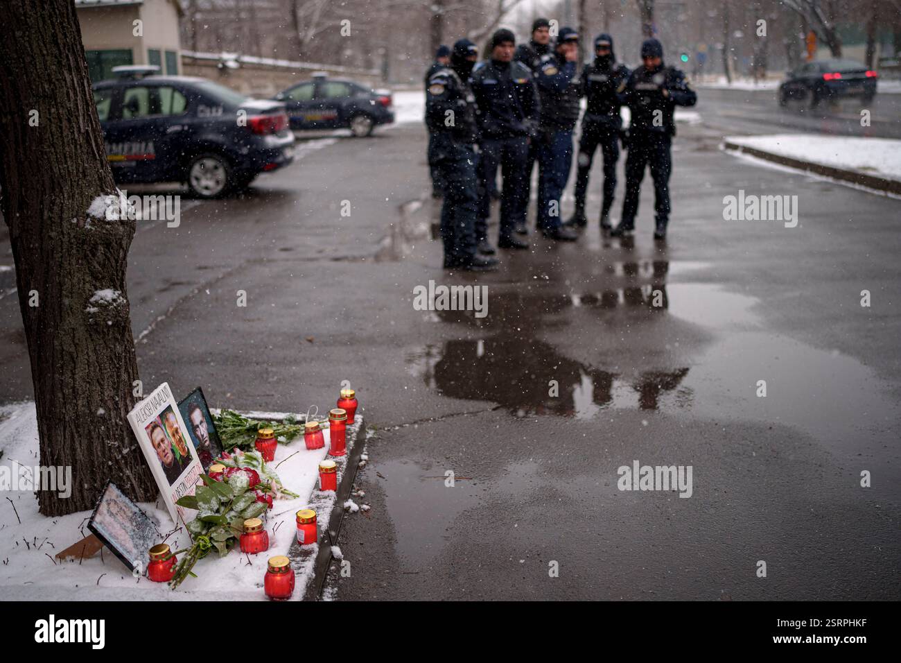 Romanian riot police officers stand as photographs of Russian ...