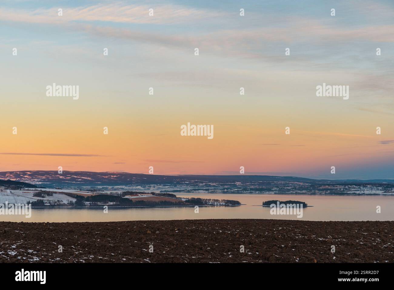 Lake Mjøsa with Helgøya and Hovinsholmen islands in December 2024 Stock ...