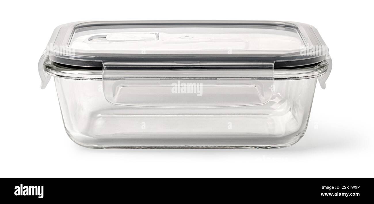 Empty rectangular glass food storage container with plastic gray lid and locking clips, isolated on white background Stock Photo
