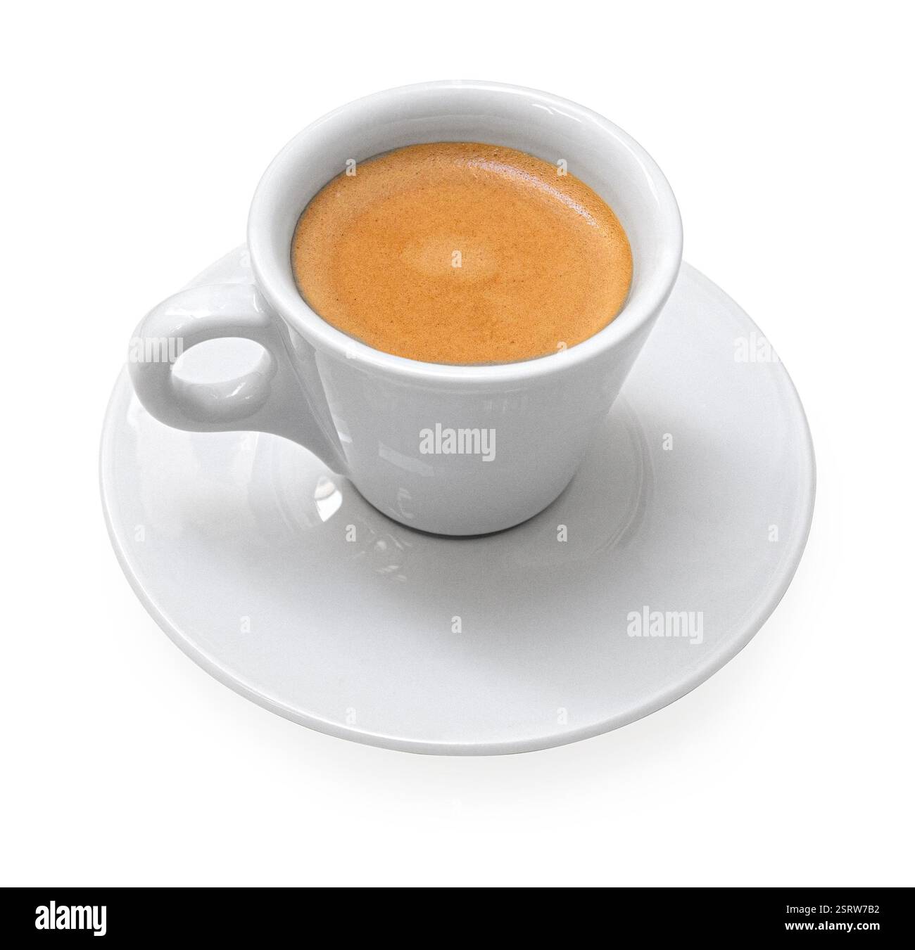 Steaming espresso coffee with crema in a white cup and saucer, isolated on a white background, perfect for breakfast or a caffeine boost Stock Photo