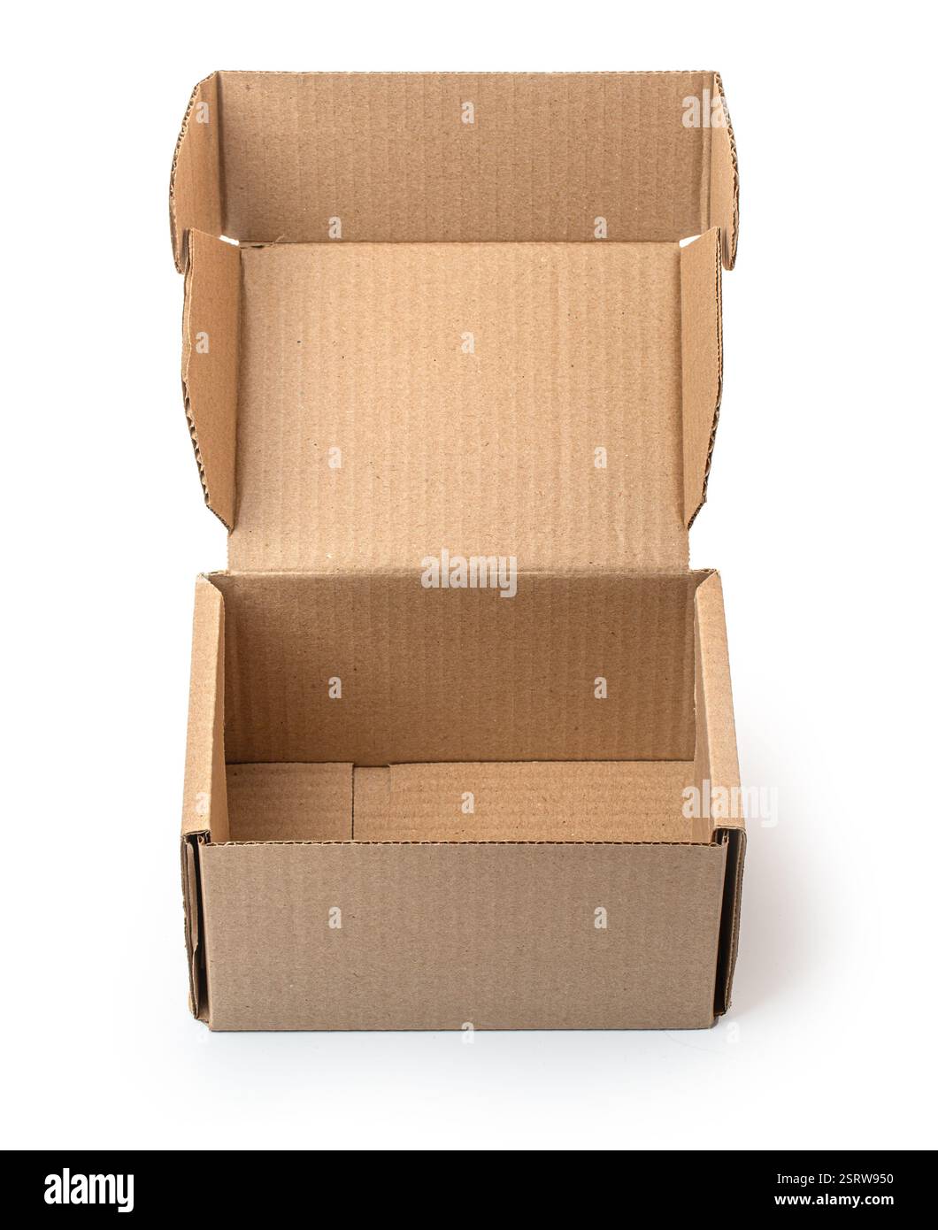 Empty open rectangular cardboard box isolated on white background, ready for shipping and packaging Stock Photo