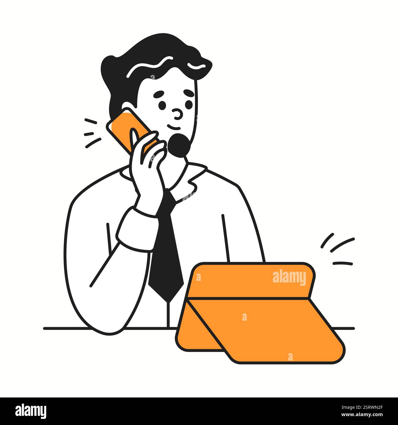 Office worker with phone and tablet orange color linear icon. Managing ...