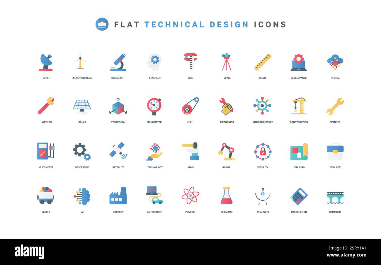 Engineering, industrial infrastructure development using science research, robots color icon set. Engineers planning and drafts, digital process automation with AI flat elements vector illustration Stock Vector