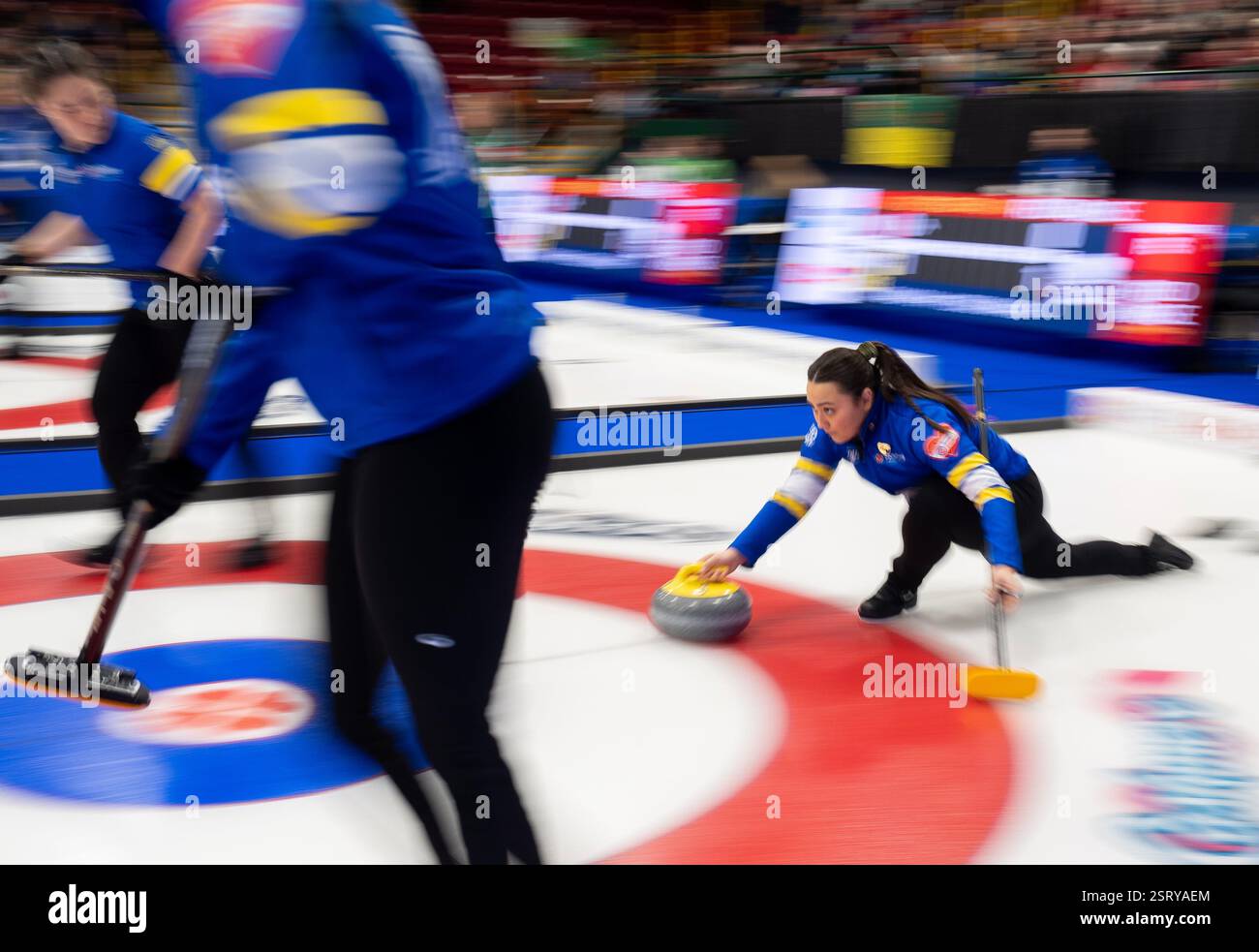 Thunder Bay, Canada. 16th Feb, 2025. Alberta skip Kayla Skrlik delivers a rock during Scotties