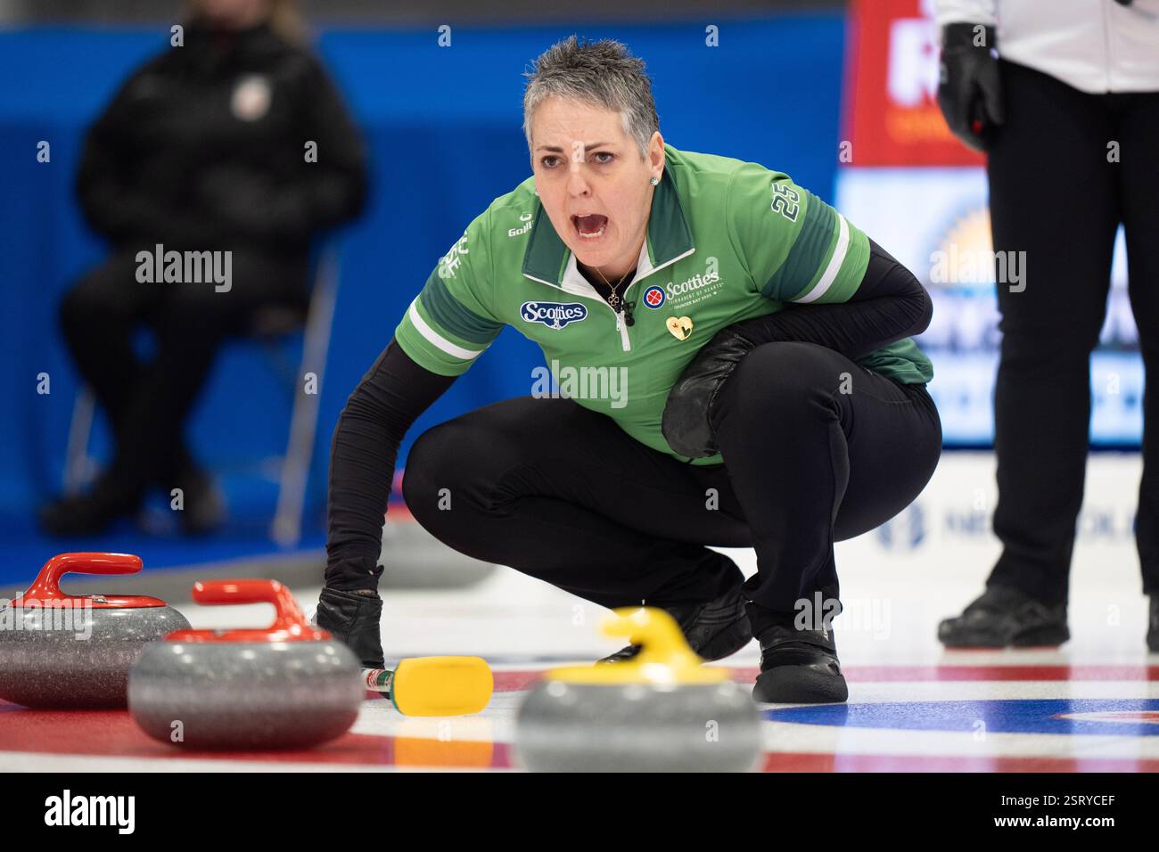Thunder Bay, Canada. 16th Feb, 2025. Saskatchewan skip Nancy Martin calls a shot during Scotties