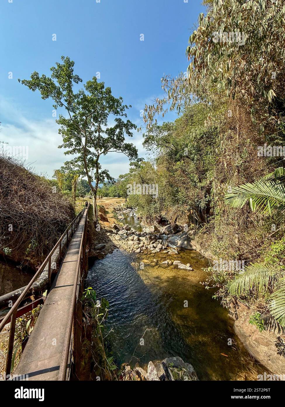 Metal footbridge over a river in the wilderness A suspended metal footbridge over a river, surrounded by lush vegetation and wild hills. - Smartphone Captured Stock Image