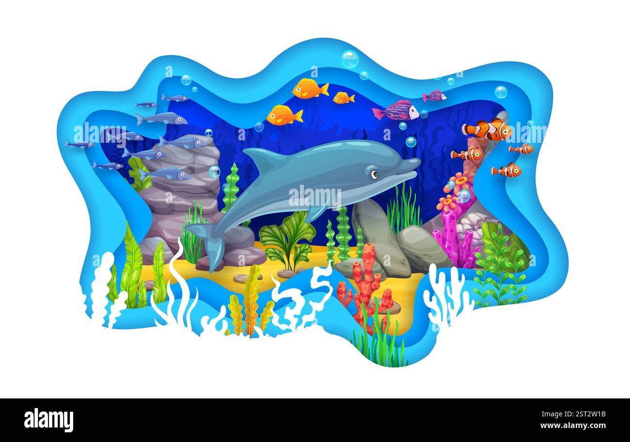 Paper cut banner with funny dolphin and underwater sea landscape ...
